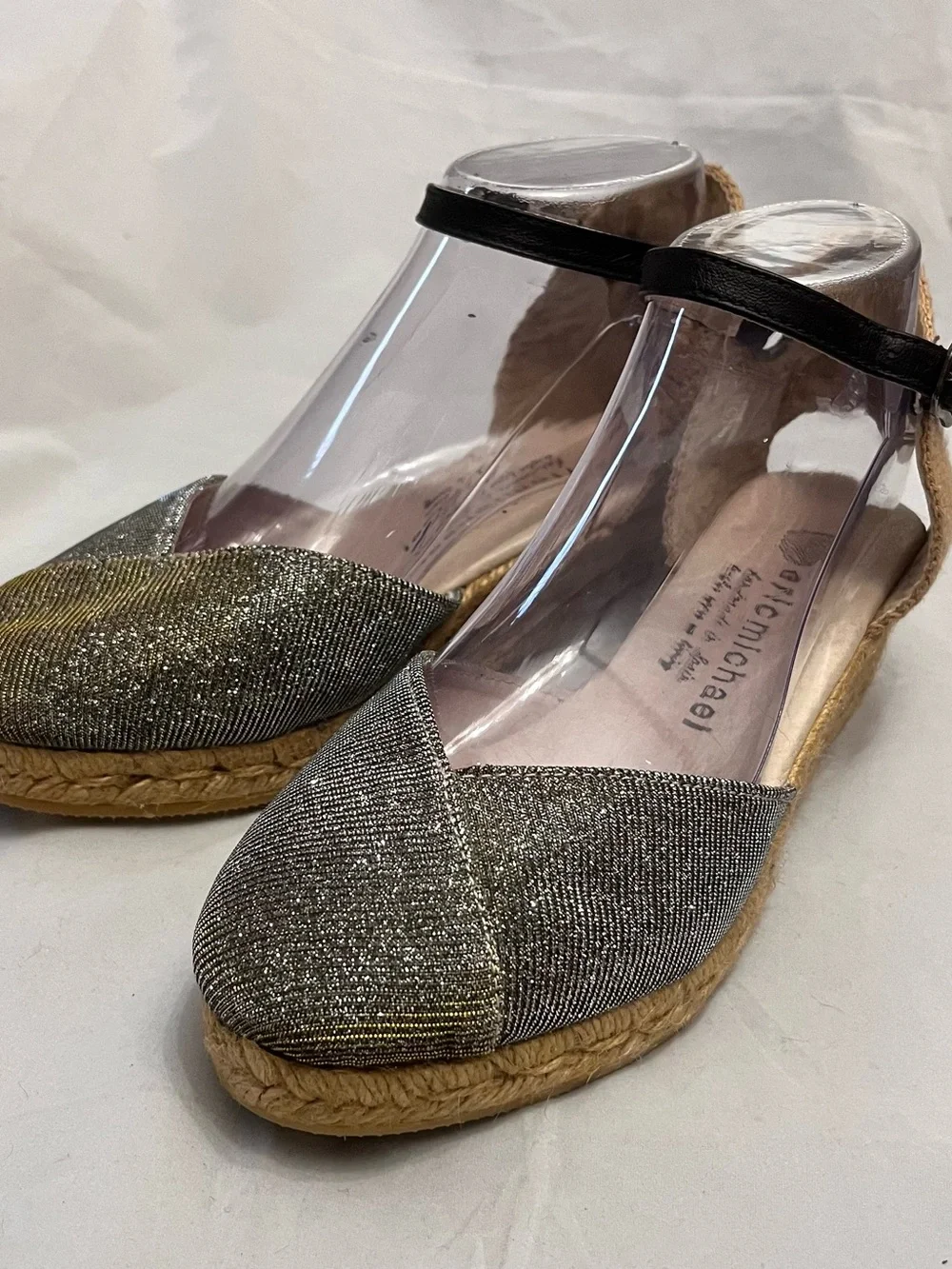 Eric Michael Silver Metallic Espadrille Wedges with Black Ankle Strap